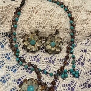 Floral Turquoise and Brown Jewelry Set